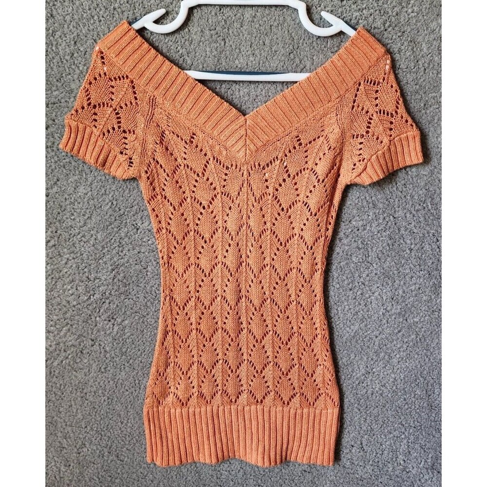 Vtg Y2K Cache Short Sleeve V‎ Neck Open Knit Long Sweater Top Orange Metallic XS